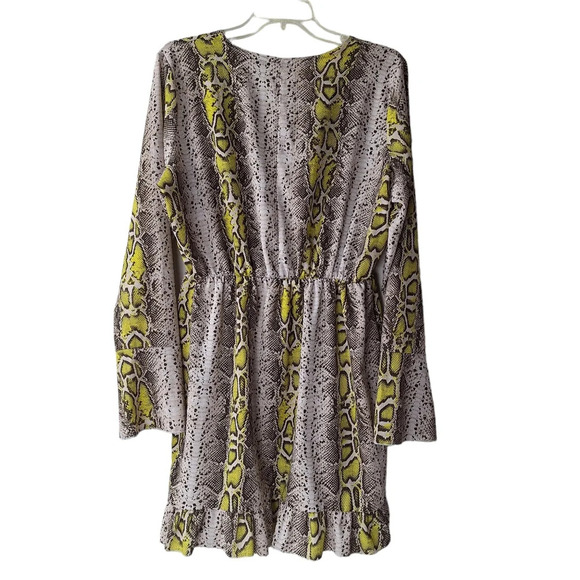Bohoo Size 14 Snake Print Ruffle Faux Wrap Long Sleeve Elastic Waist Mini Dress - Picture 3 of 11